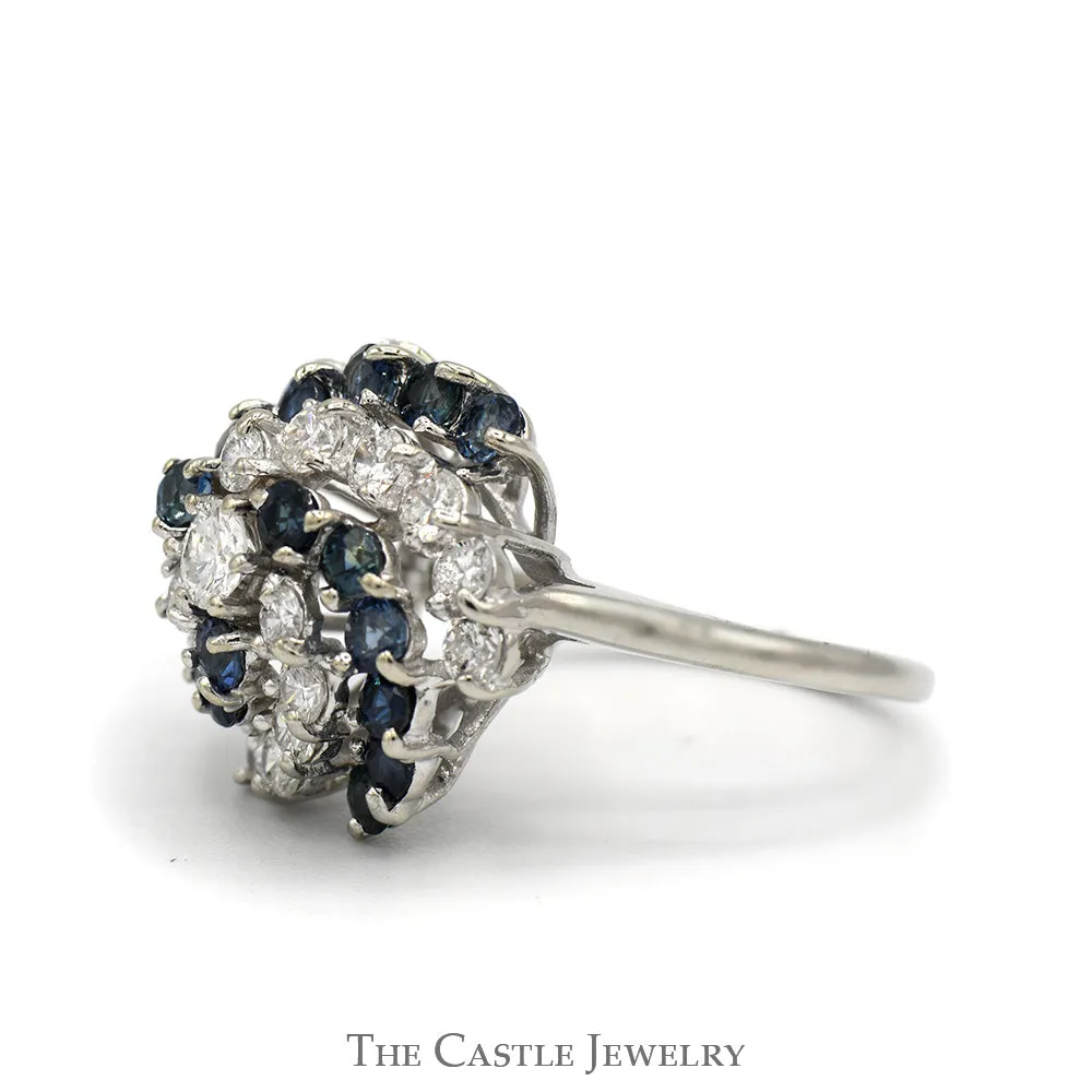 1.3cttw Round Diamond & Sapphire Swirled Cluster Ring in 14k White Gold