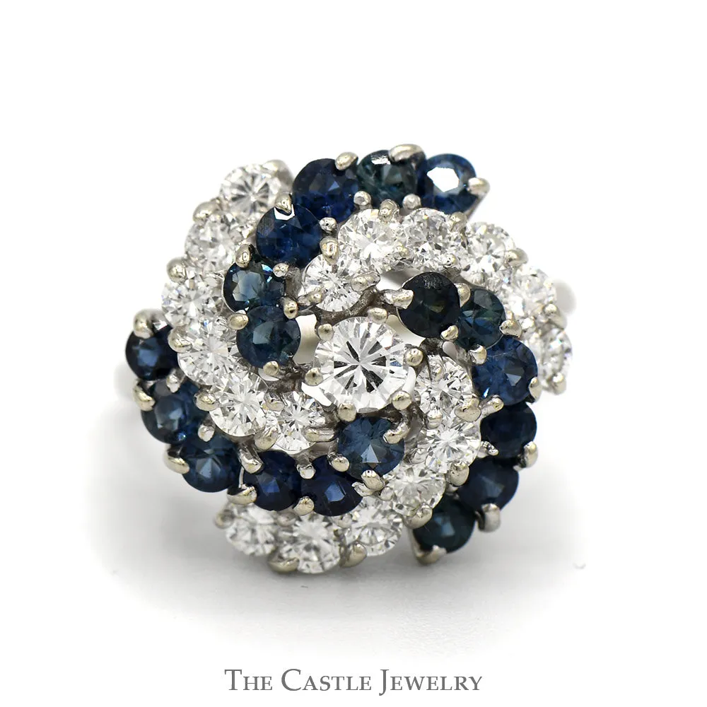 1.3cttw Round Diamond & Sapphire Swirled Cluster Ring in 14k White Gold