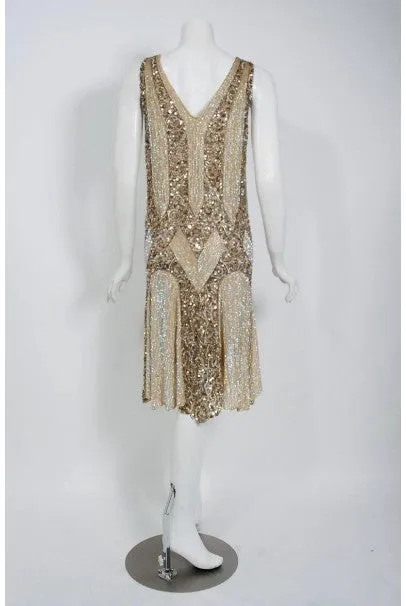 1920's French Couture Champagne Golden Beaded Sequin Art-Deco Flapper Dress