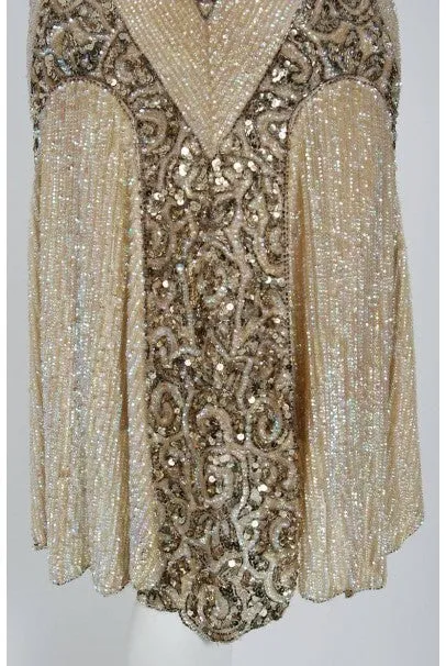 1920's French Couture Champagne Golden Beaded Sequin Art-Deco Flapper Dress