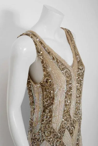 1920's French Couture Champagne Golden Beaded Sequin Art-Deco Flapper Dress