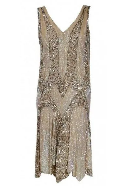 1920's French Couture Champagne Golden Beaded Sequin Art-Deco Flapper Dress