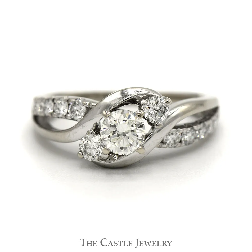 1cttw Diagonal Three Stone Diamond Engagement Ring with Open Diamond Accented Bypass Sides in 14k White Gold