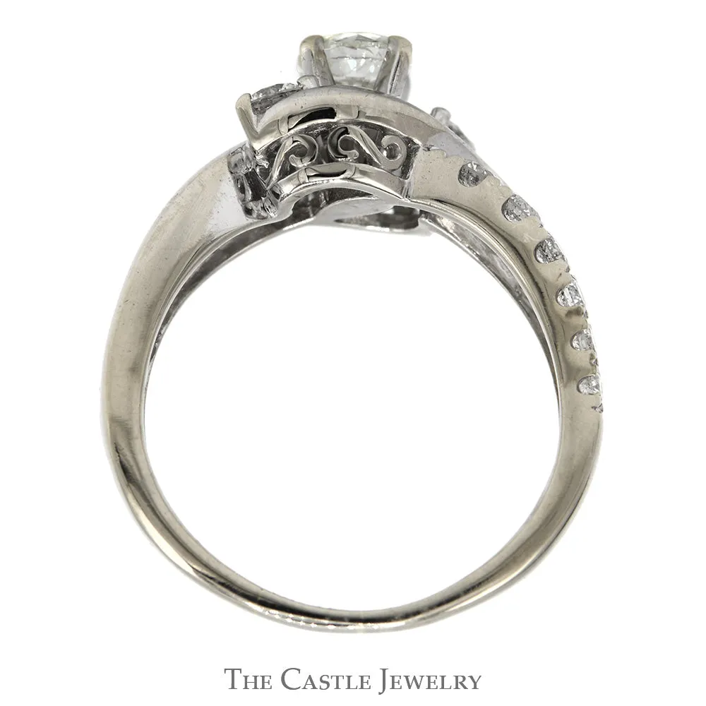 1cttw Diagonal Three Stone Diamond Engagement Ring with Open Diamond Accented Bypass Sides in 14k White Gold