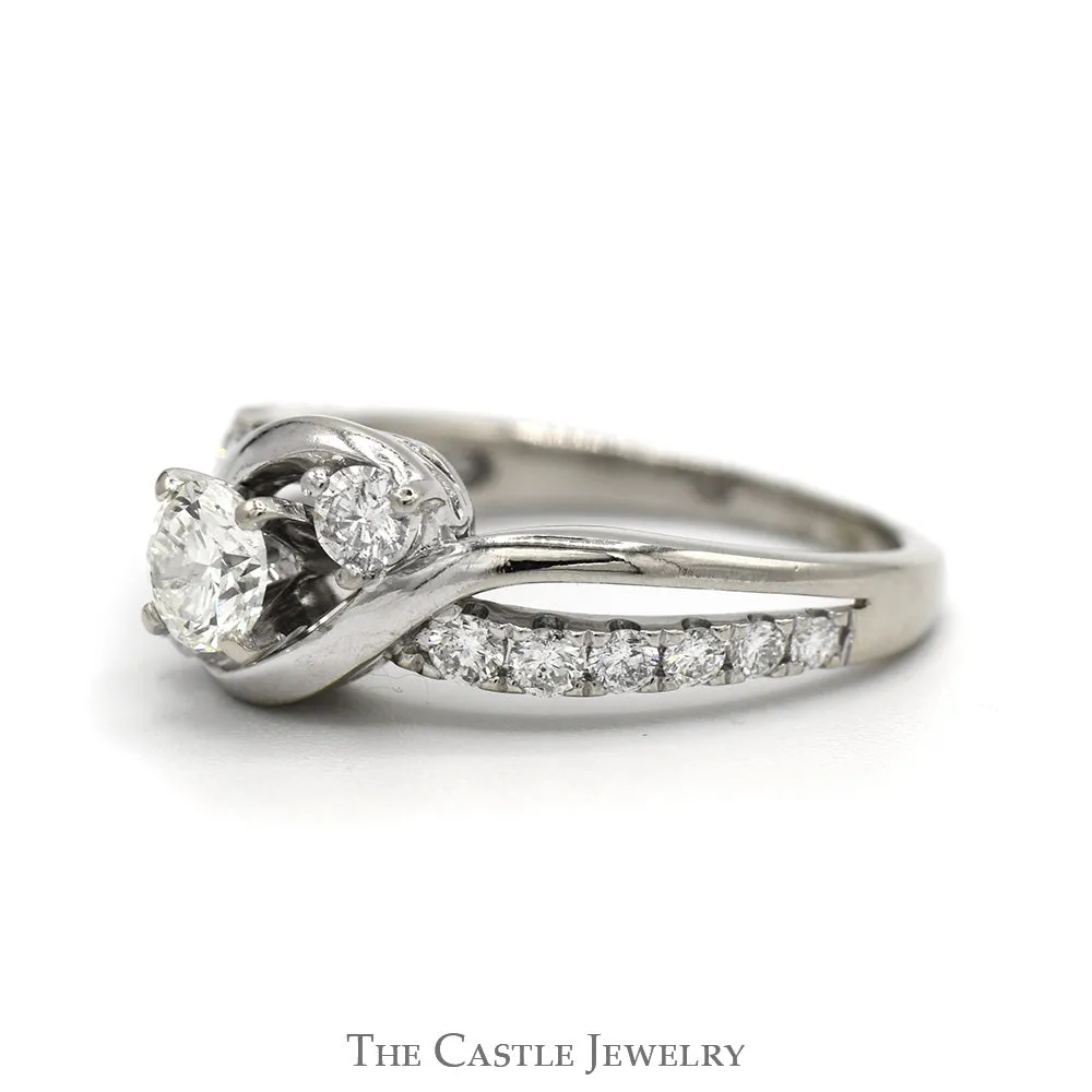 1cttw Diagonal Three Stone Diamond Engagement Ring with Open Diamond Accented Bypass Sides in 14k White Gold