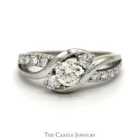 1cttw Diagonal Three Stone Diamond Engagement Ring with Open Diamond Accented Bypass Sides in 14k White Gold