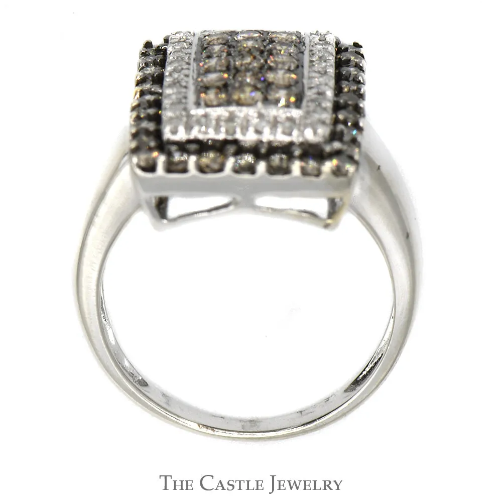 1cttw Rectangular Cocoa and White Diamond Cluster Ring in 14k White Gold