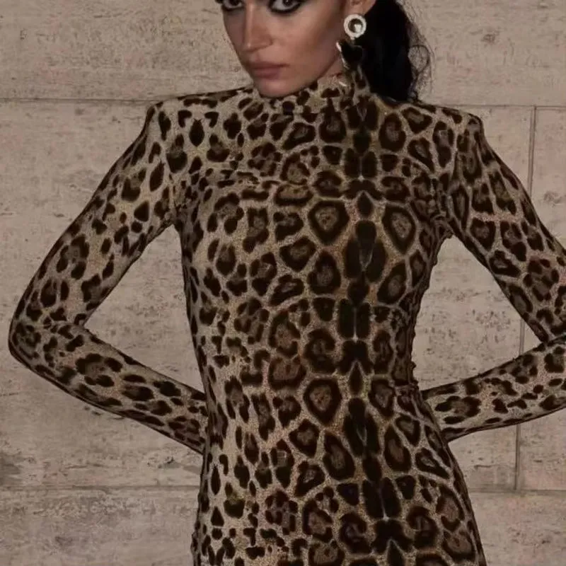 2024 New Personality Slim Fit Bag Hip Leopard Print Sleeve Long Dress for Women