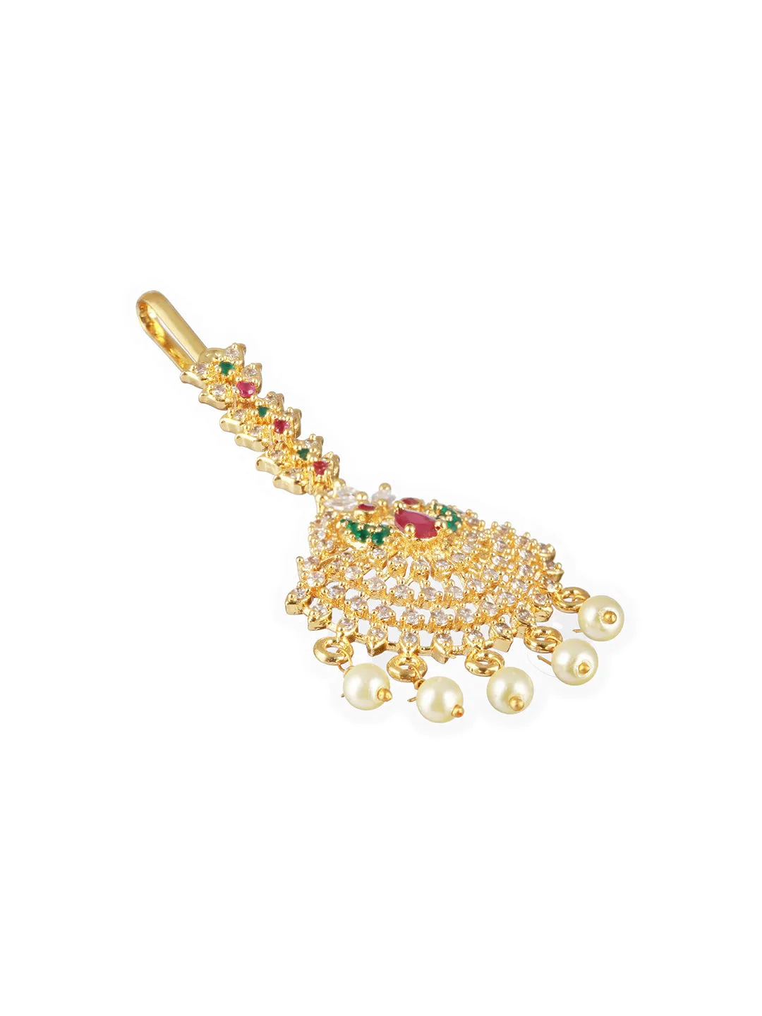 24K Gold-Plated Red & White Ad-Studded & Beige Beaded Handcrafted Maang Tikka