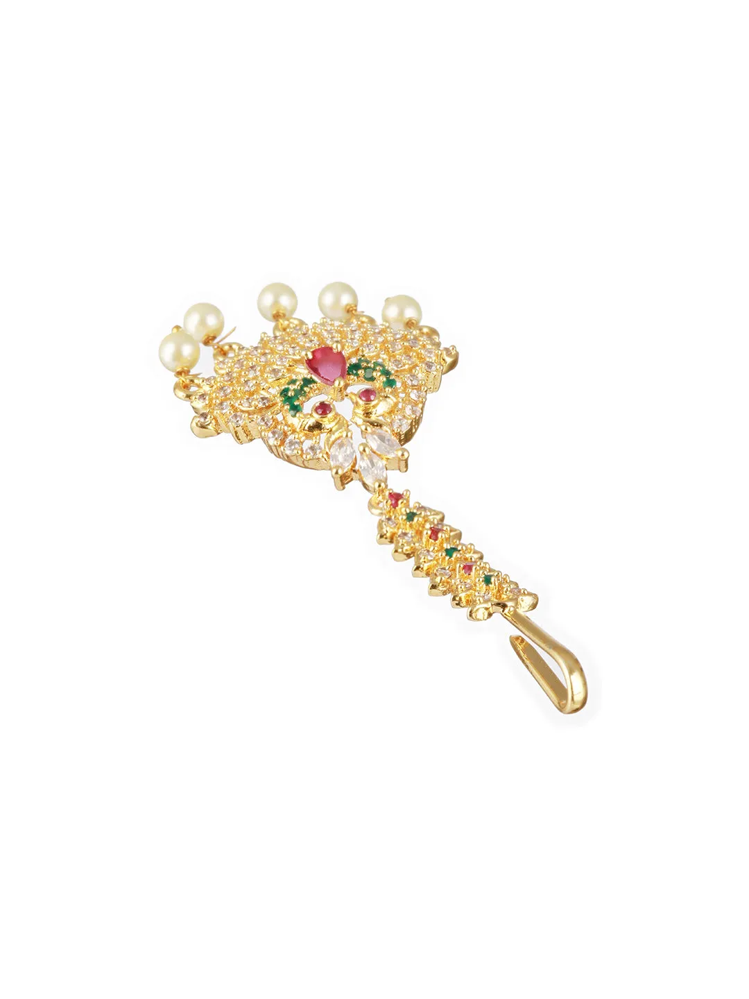 24K Gold-Plated Red & White Ad-Studded & Beige Beaded Handcrafted Maang Tikka