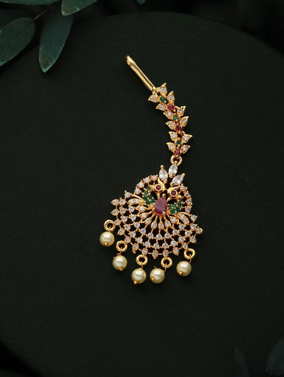 24K Gold-Plated Red & White Ad-Studded & Beige Beaded Handcrafted Maang Tikka