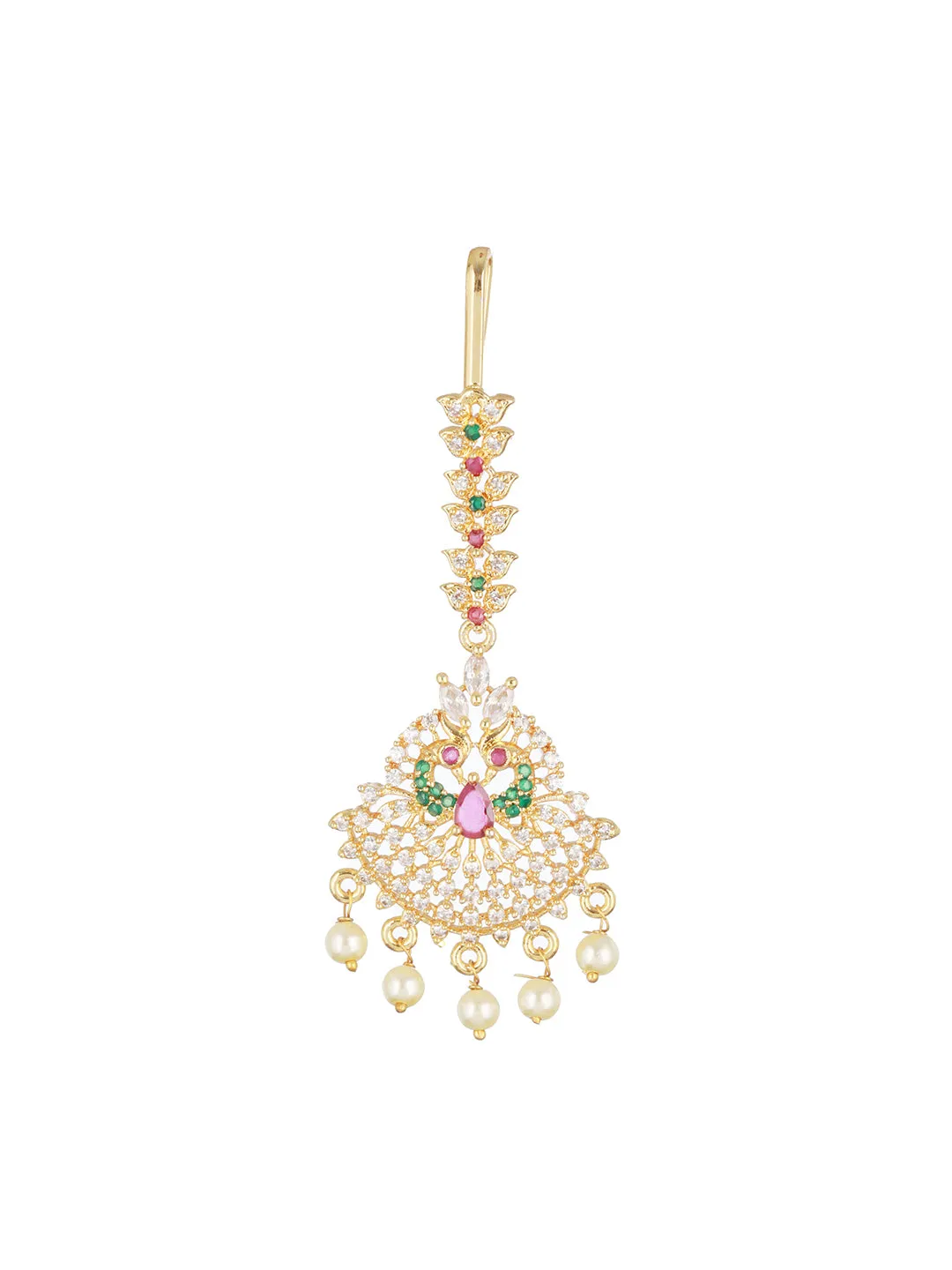 24K Gold-Plated Red & White Ad-Studded & Beige Beaded Handcrafted Maang Tikka