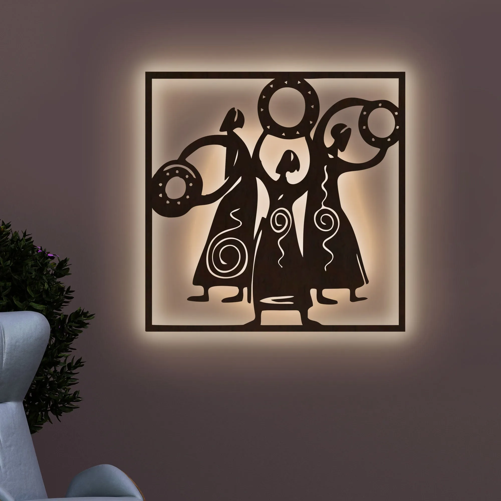 African Women Folk Dance Backlit Wooden Wall Decor with LED Night Light Walnut Finish