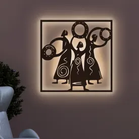 African Women Folk Dance Backlit Wooden Wall Decor with LED Night Light Walnut Finish