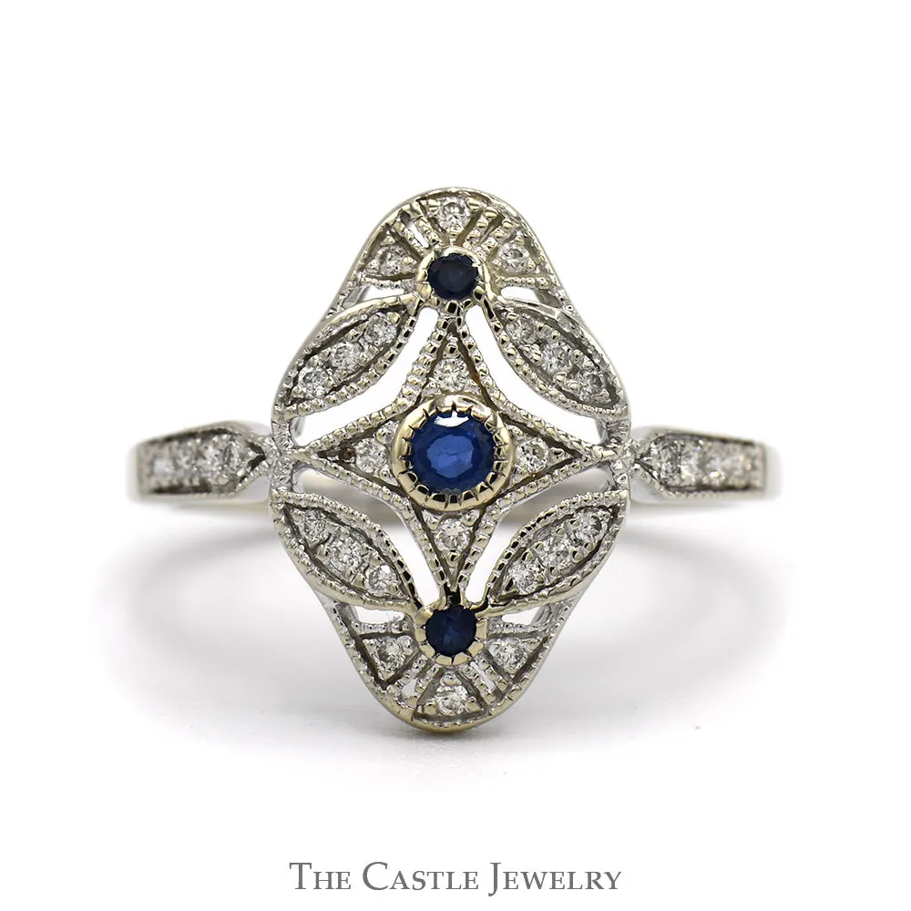 Antique Style Sapphire & Diamond Cluster Open Shield Ring in 14k White Gold