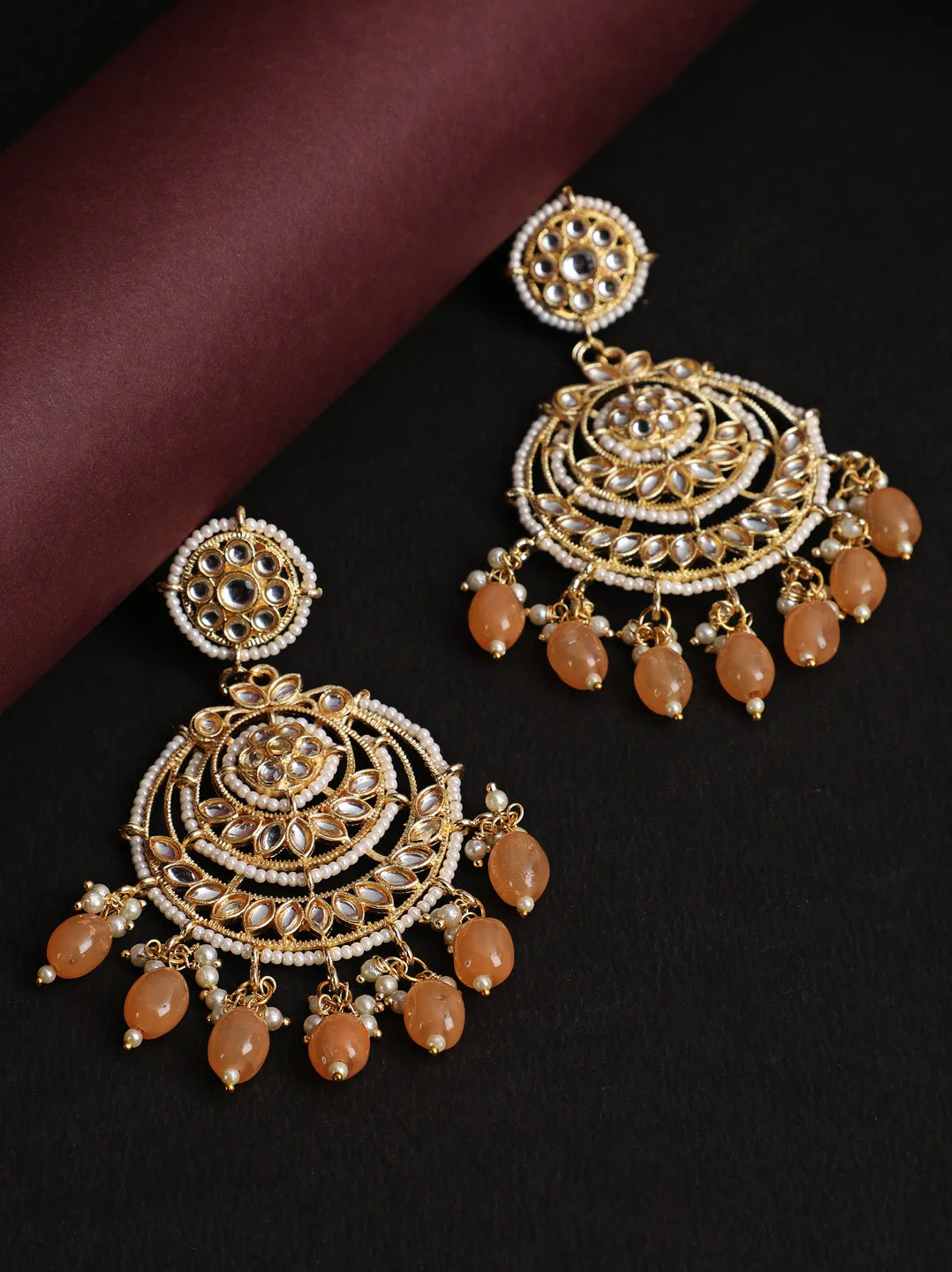 Artificial Stone Studded & Beaded Chandbali Earrings