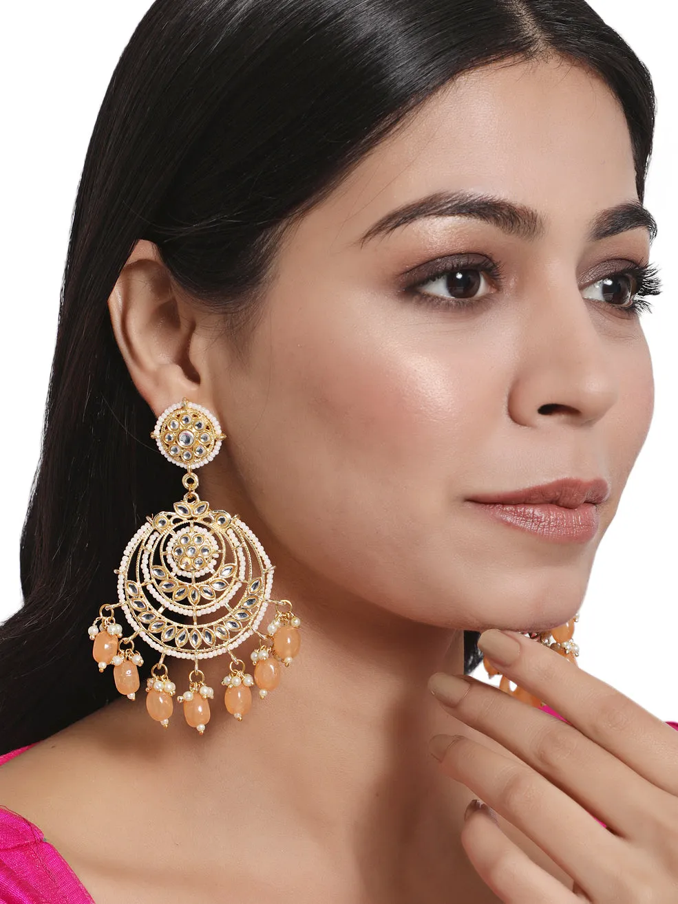 Artificial Stone Studded & Beaded Chandbali Earrings