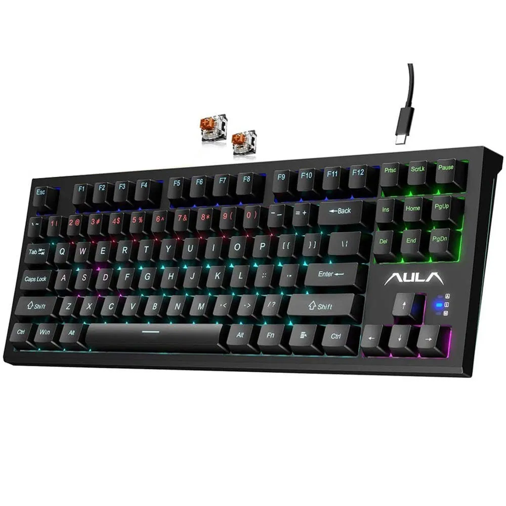 Aula Wind F3032 Brown Switch Wired Rainbow Gaming Keyboard English & Arabic - Black