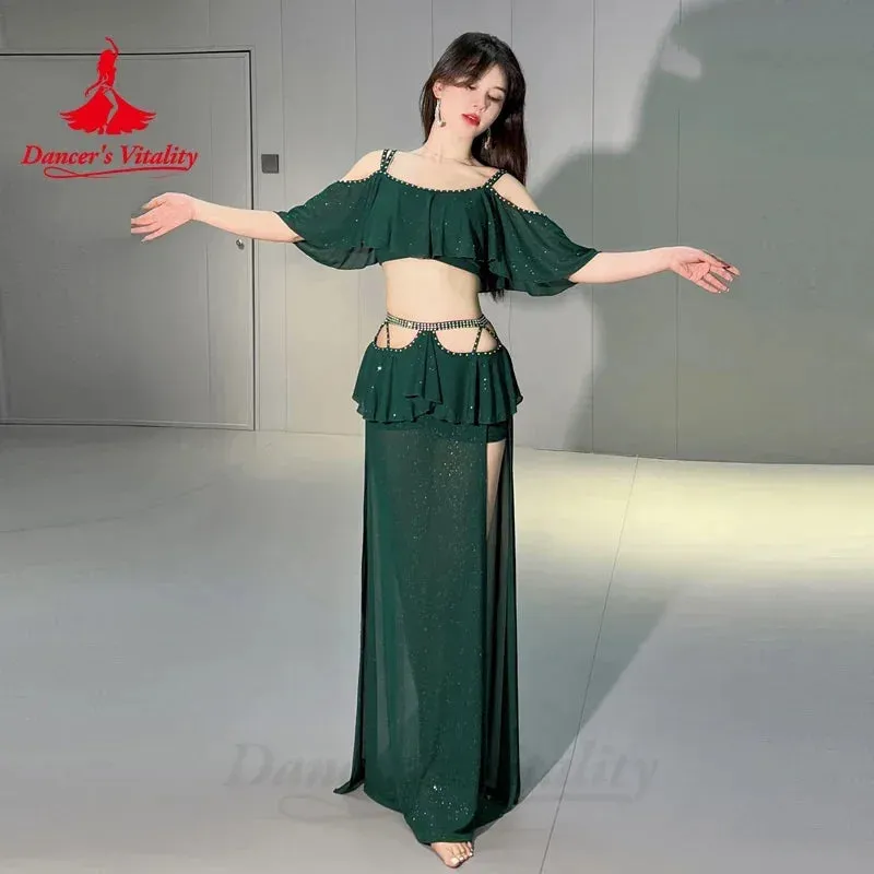 Belly Dance Clothing 2023 New Autumn Winter Mesh Short Sleeves Top long Skirt 2pcs Oriental Training Suit Women Bellydance Set