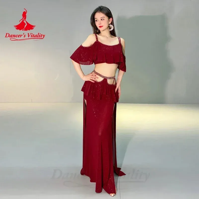 Belly Dance Clothing 2023 New Autumn Winter Mesh Short Sleeves Top long Skirt 2pcs Oriental Training Suit Women Bellydance Set