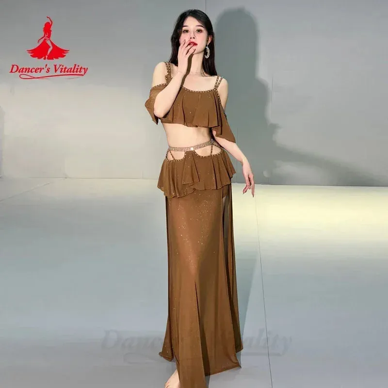 Belly Dance Clothing 2023 New Autumn Winter Mesh Short Sleeves Top long Skirt 2pcs Oriental Training Suit Women Bellydance Set