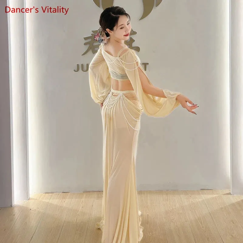 Belly Dance Clothing for Women Mesh Pearls Sleeves Top long Skirt 2pcs Girl's Oriental Costumes Set Female Practice Wear Outfit