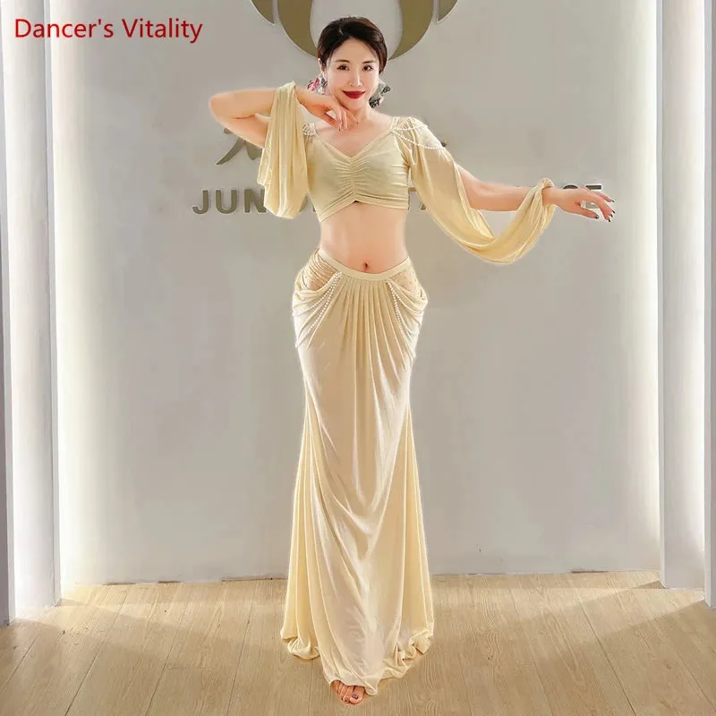 Belly Dance Clothing for Women Mesh Pearls Sleeves Top long Skirt 2pcs Girl's Oriental Costumes Set Female Practice Wear Outfit