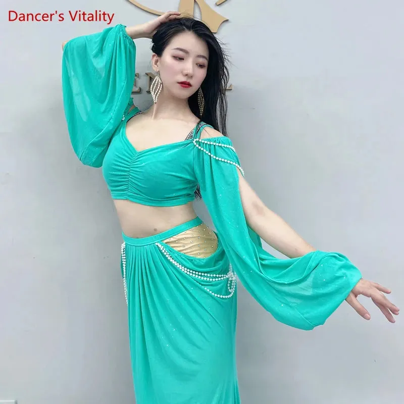 Belly Dance Clothing for Women Mesh Pearls Sleeves Top long Skirt 2pcs Girl's Oriental Costumes Set Female Practice Wear Outfit