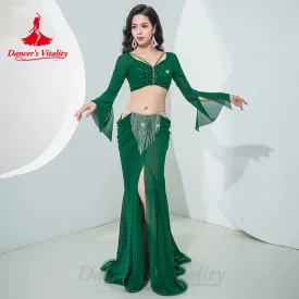 Belly Dance Clothing Mesh Long Sleeves Top  Performance Elegant Style Fishtail Skirt Set Adult Oriental Belly Dancing Outfit