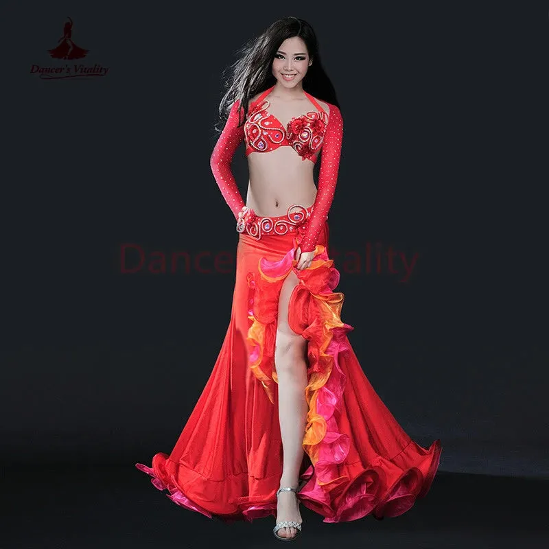 Belly dance clothing women luxury belly dance suit bra shoulder belt skirt 4pcs belly dance clothes suit performance suit S M L