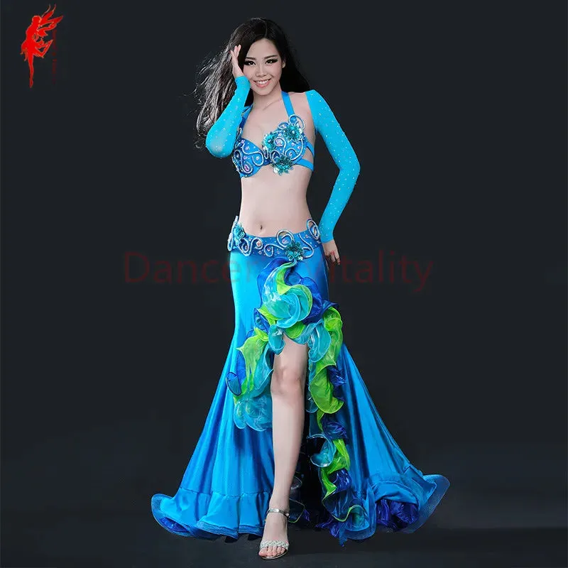 Belly dance clothing women luxury belly dance suit bra shoulder belt skirt 4pcs belly dance clothes suit performance suit S M L