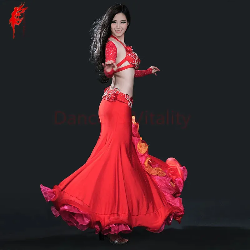 Belly dance clothing women luxury belly dance suit bra shoulder belt skirt 4pcs belly dance clothes suit performance suit S M L