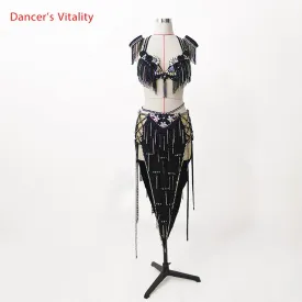 Belly Dance Competition Outfits Customized Bra Diamond Tassel Skirt Set Oriental Indian Drum Dancing Stage Performance Costume