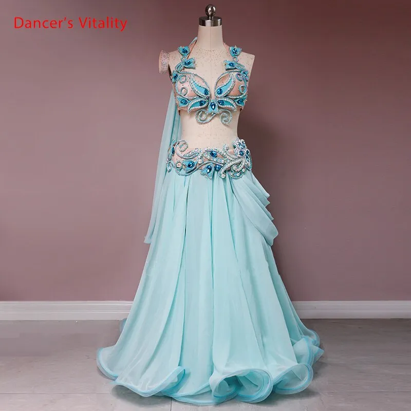 Belly Dance Competition Outfits Customized High-end Bra with Ribbon Big Hem Skirt Belt Set Oriental Indian Dancing Stage Costume