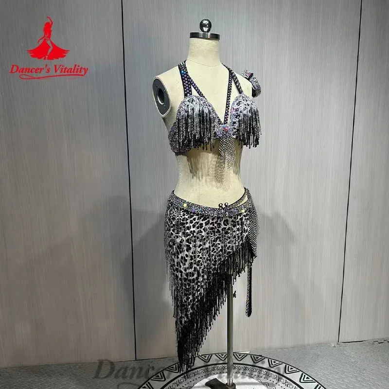 Belly Dance Costume Customized Rhinestone Tassels Bra leopard Print Skirt 2ps Adult Children Oriental Dance Performance Costumes