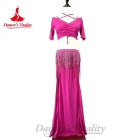 Belly Dance Costume Customized Short Sleeve V-neck Top tassels Long Skirt 2pcs Oriental Dance Professional Performance Clothing