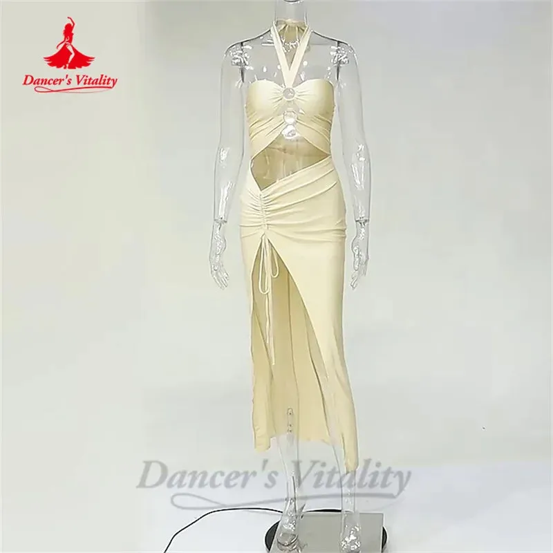 Belly Dance Costume Dress for Women Chest Hanging Neck Tie Up Circular Ring Connection Hollow Open Split Dresses