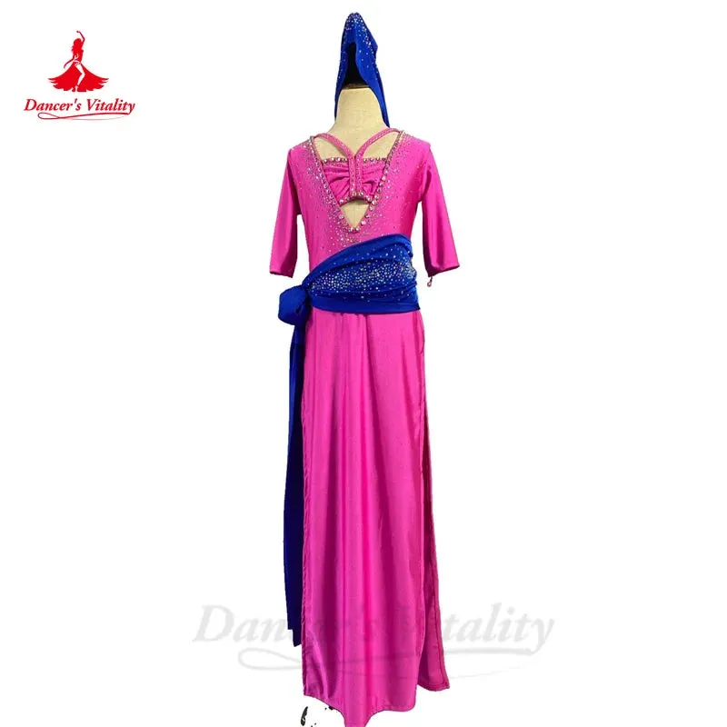 Belly Dance Costume for Children's Rose Red Slim Fit Robe with Diamond Headband Belt Oriental Dance Saidi Baladi Clothing Set