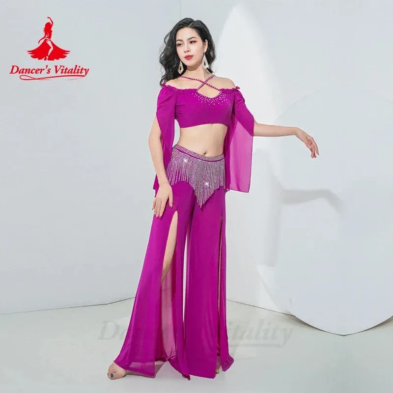 Belly Dance Costume for Women Long Sleeves Top AB Stones Tassel Pants Oriental Practice Clothing Adult Belly Dancing Outfit