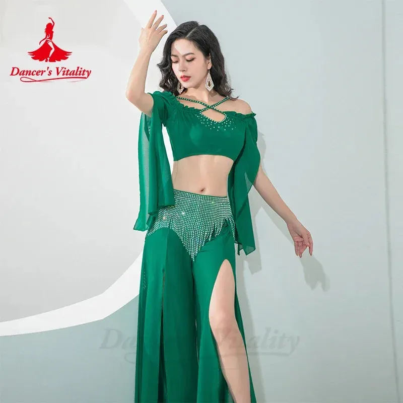 Belly Dance Costume for Women Long Sleeves Top AB Stones Tassel Pants Oriental Practice Clothing Adult Belly Dancing Outfit