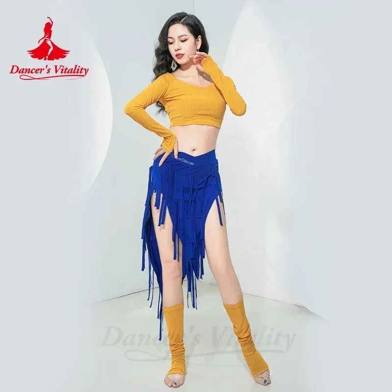 Belly Dance Costume for Women Winter Long Sleeves Top and Short Fringe Skirt Training Clothing Girl's Oriental Bellydance Wear