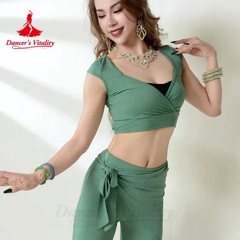 Belly Dance Costume Set for Women Cotton Short Sleeves Top trousers 2pcs Adult Belly Dancing Performance Outfit