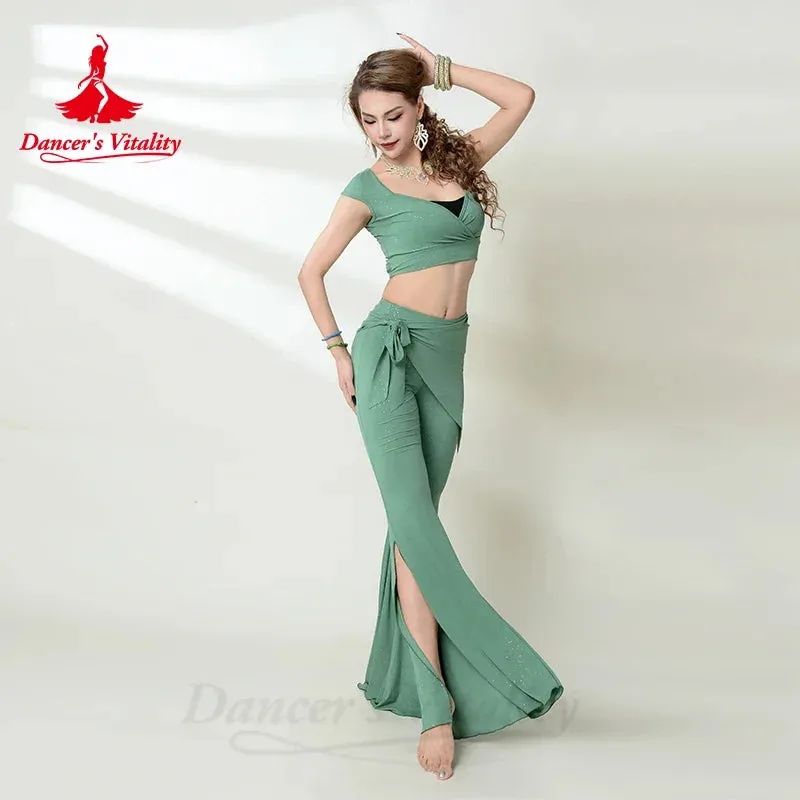 Belly Dance Costume Set for Women Cotton Short Sleeves Top trousers 2pcs Adult Belly Dancing Performance Outfit