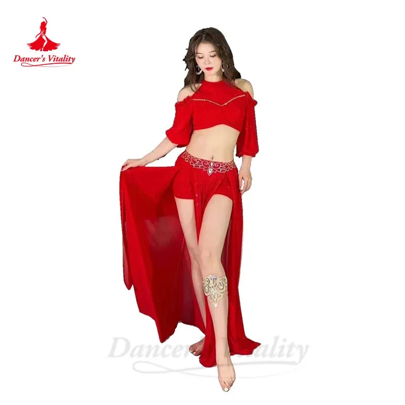 Belly Dance Costume Set for Women Gauze Half Sleeves Top senior AB Stones Split Skirt 2pcs Adult Oriental Bellydance Outfit