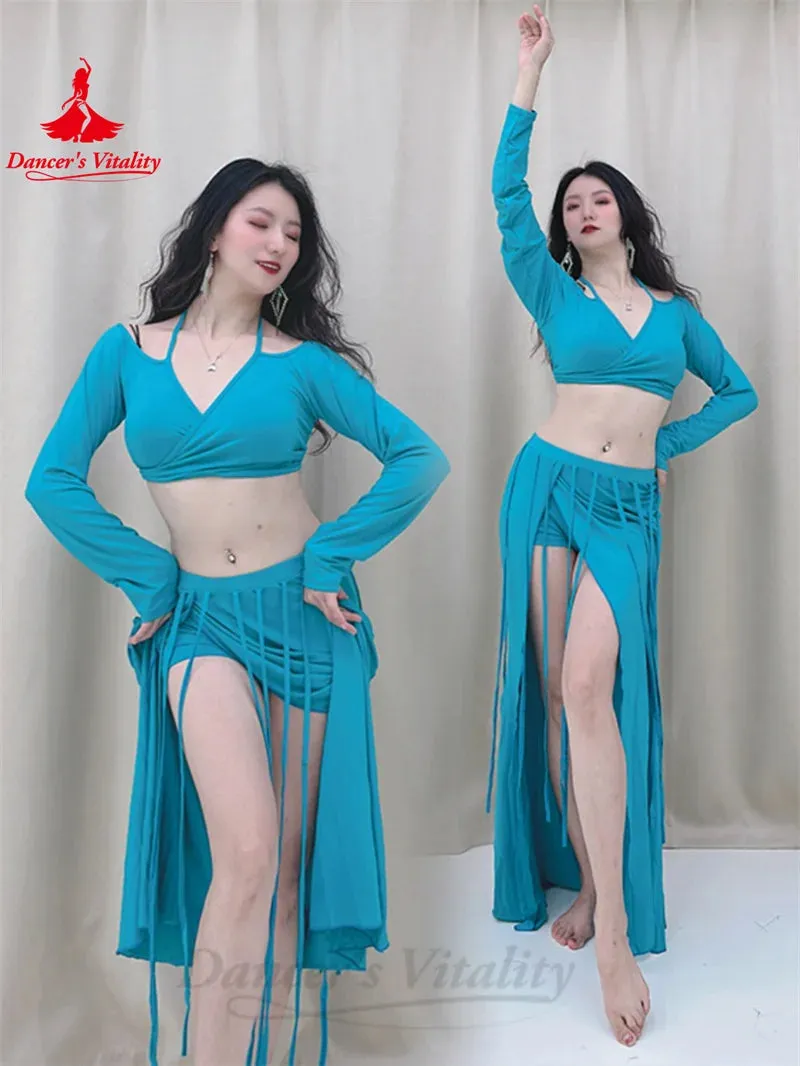 Belly Dance Costume Set for Women Long Sleeves Top tassel Long Skirt 2pcs Oriental Belly Dancing Practice Clothes Set