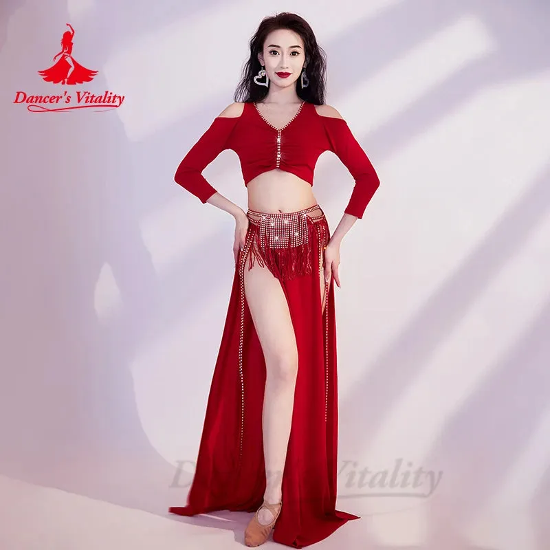 Belly Dance Costume Set for Women Long Sleeves Top tassel Long Skirt 2pcs Stones Training Suit Oriental Belly Dancing Outfit