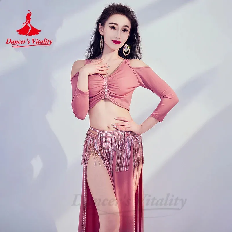 Belly Dance Costume Set for Women Long Sleeves Top tassel Long Skirt 2pcs Stones Training Suit Oriental Belly Dancing Outfit