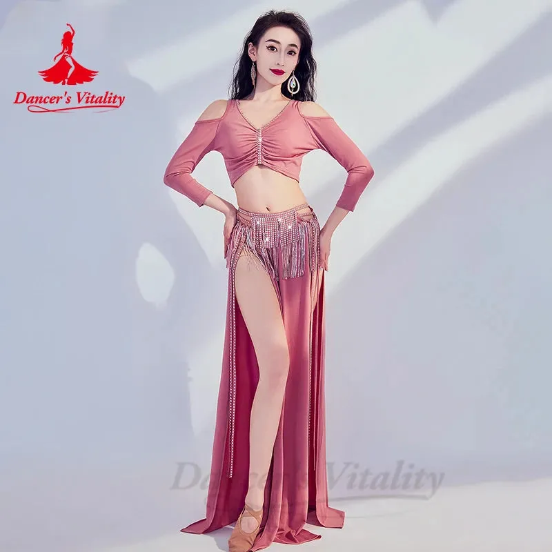 Belly Dance Costume Set for Women Long Sleeves Top tassel Long Skirt 2pcs Stones Training Suit Oriental Belly Dancing Outfit