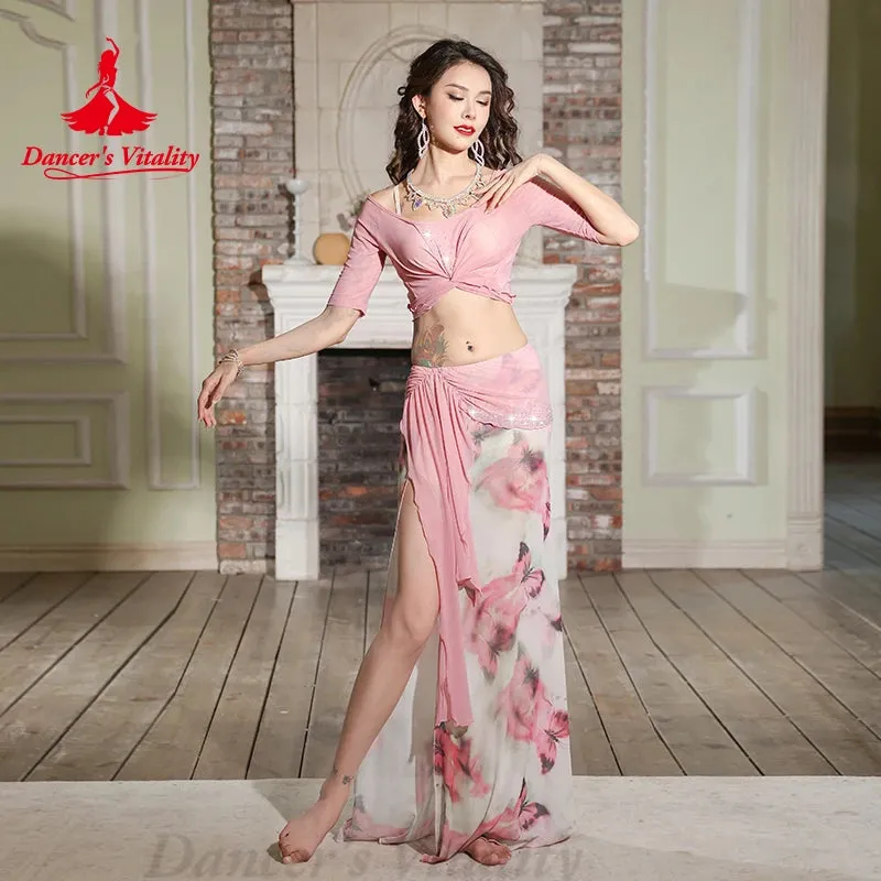 Belly Dance Costume Set for Women Mesh Half Sleeves Top Printed Split Skirt Oriental Dancing Performance Clothing Outfit