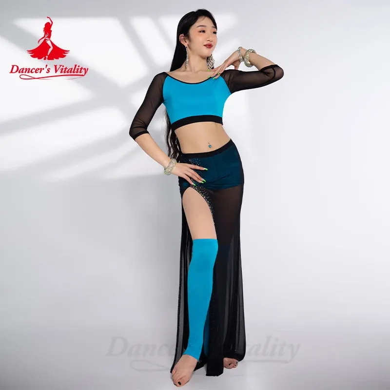 Belly Dance Costume Set for Women Mesh Long Sleeves Top AB Stones Split Skirt 2pcs Adult Belly Dancing Wer Clothing Outfit